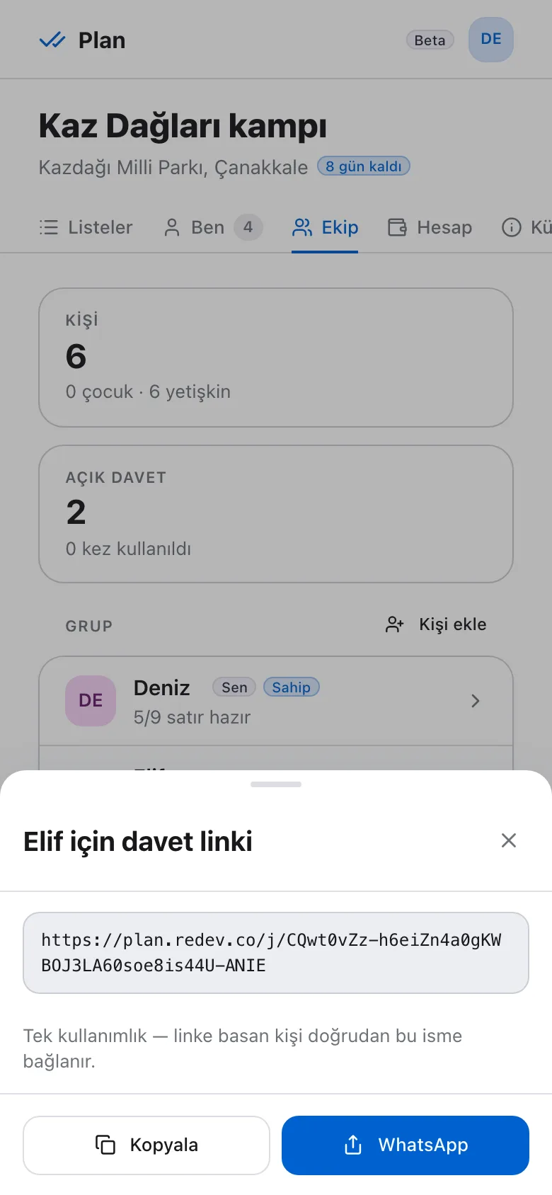 Bir kişiye özel davet linki, WhatsApp düğmesiyle